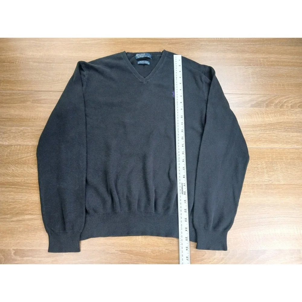 Polo Ralph Lauren Men Black Pima Cotton V-Neck Sweater Pullover Logo Size Medium
